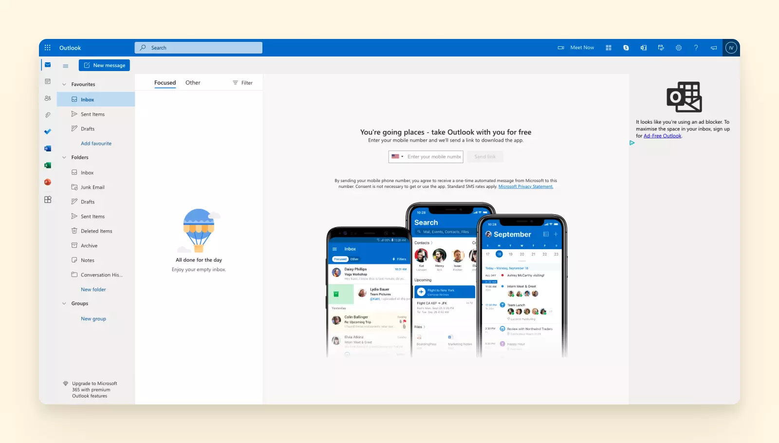 Outlook email inbox interface