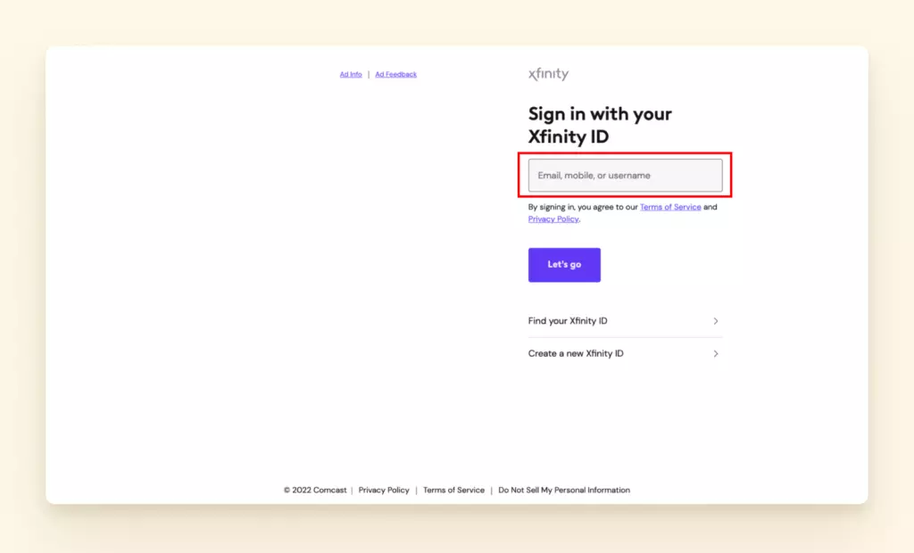 Xfinity ID login page