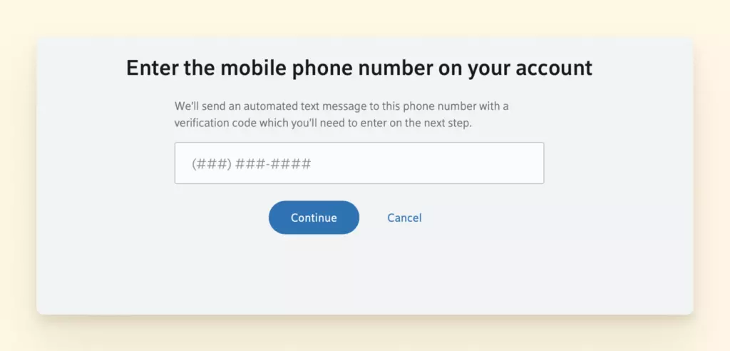 Mobile number verification window for Xfinity Comcast email