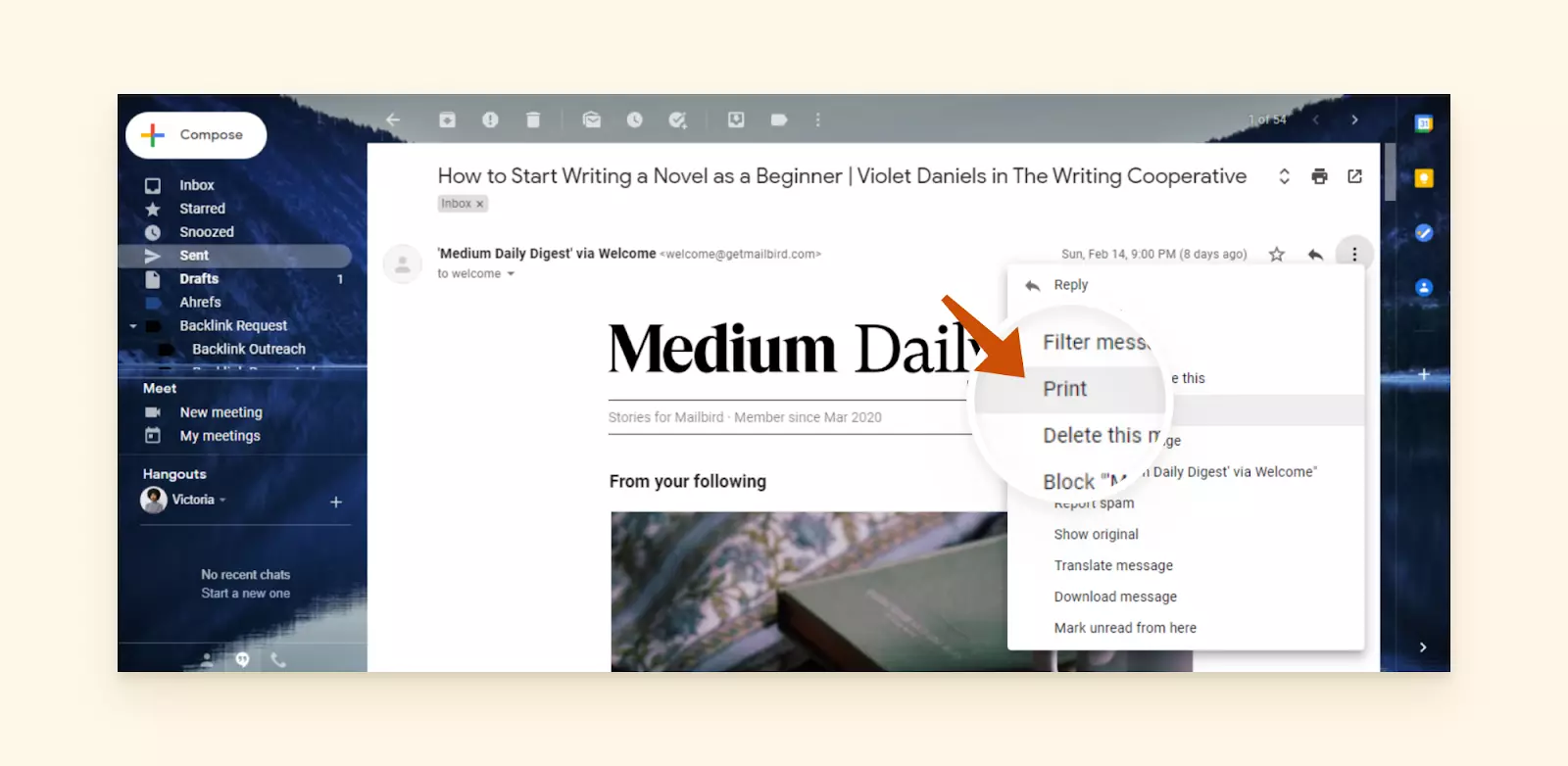 Print button in Gmail email menu