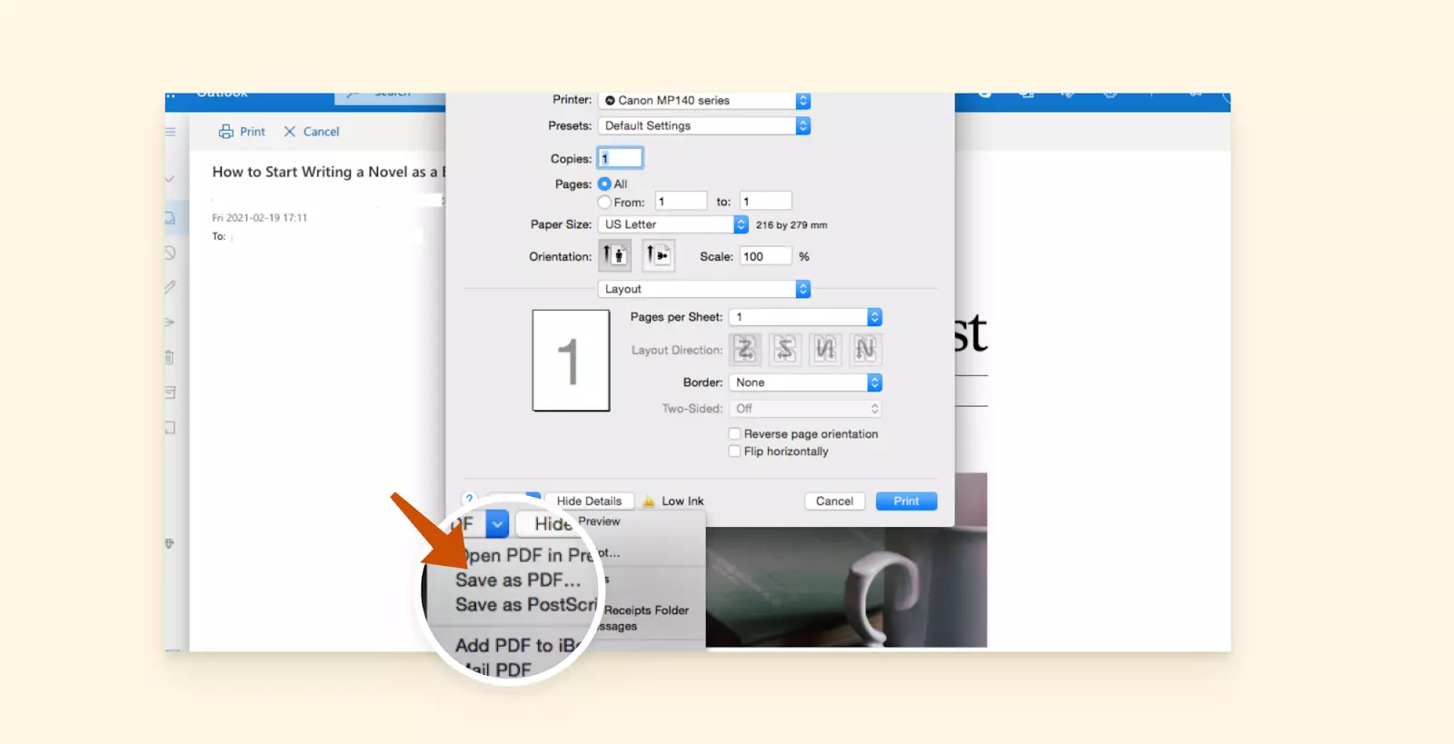 Save as PDF option in Outlook