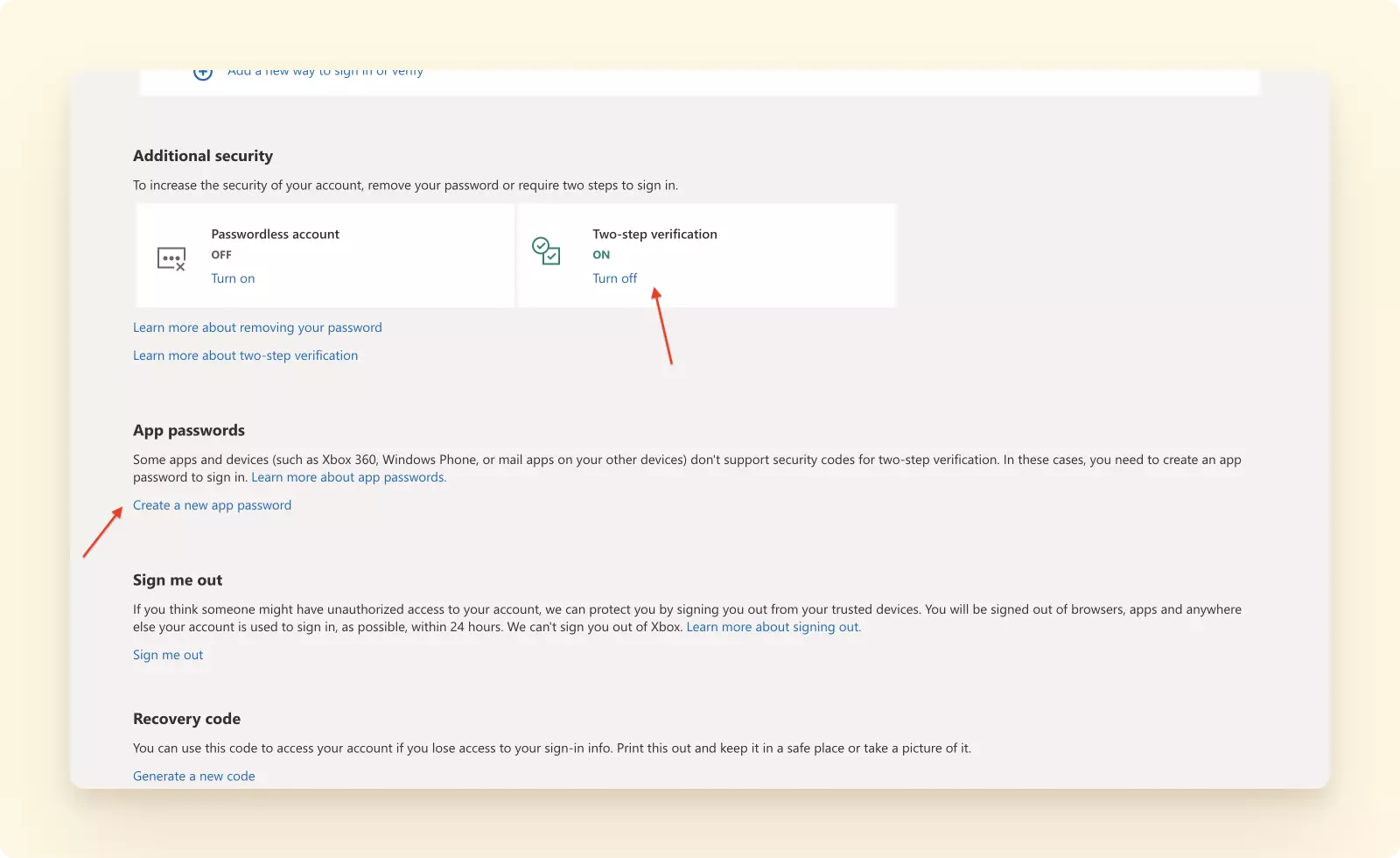 Link for creating a new app password in Microsoft account settings