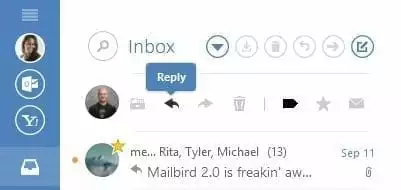 Mailbird Schnellaktionsleiste beim Hover für effizientes E-Mail-Management