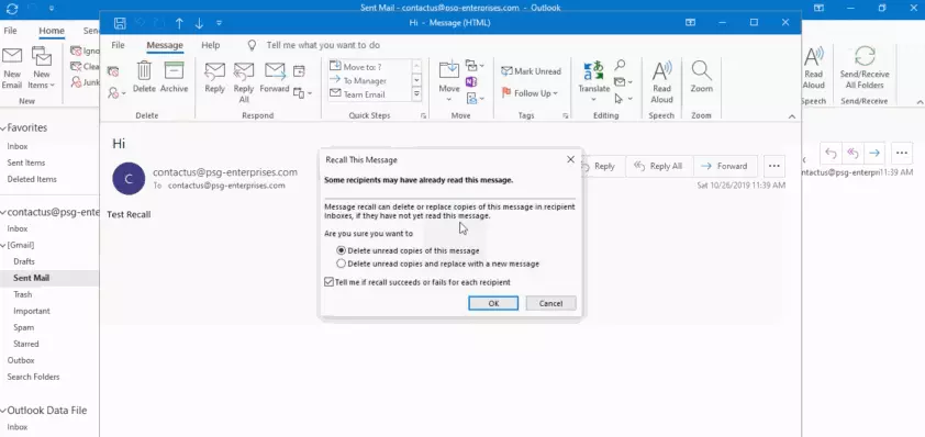 Recalling a message in Outlook