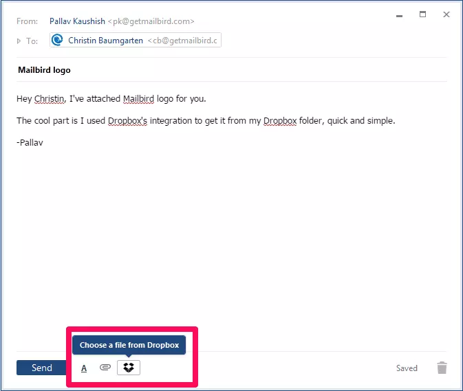 dropbox icon in Mailbird compose window