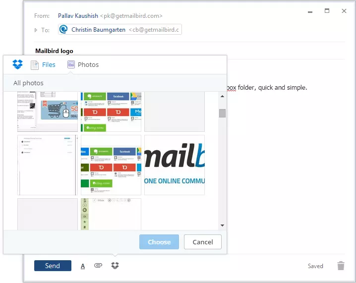 finestra dropbox nella finestra di composizione di Mailbird