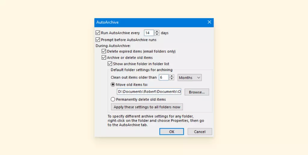 AutoArchive settings dialogue box