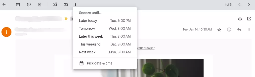 Gmail snooze feature interface showing how to temporarily remove messages from inbox