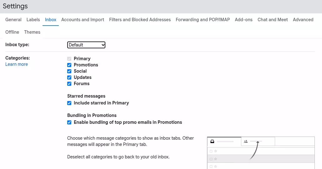Figure 5 - Select your inbox categories from your Gmail settings