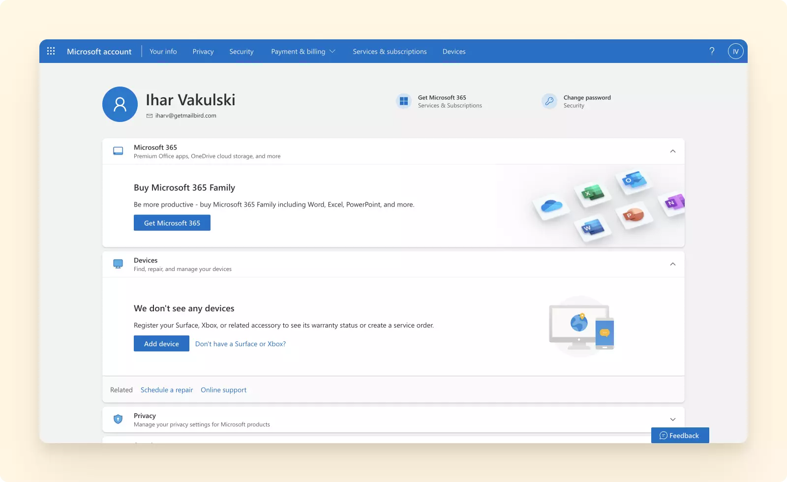 Microsoft account security settings tab
