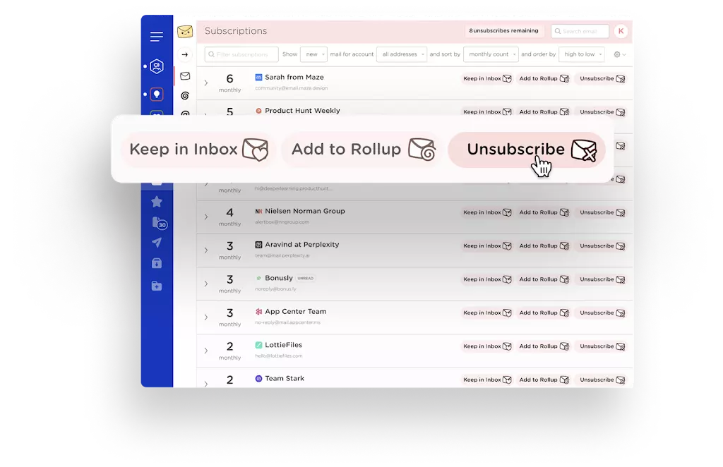 Leave Me Alone’s newsletter list enables you to unsubscribe from multiple newsletters at once.