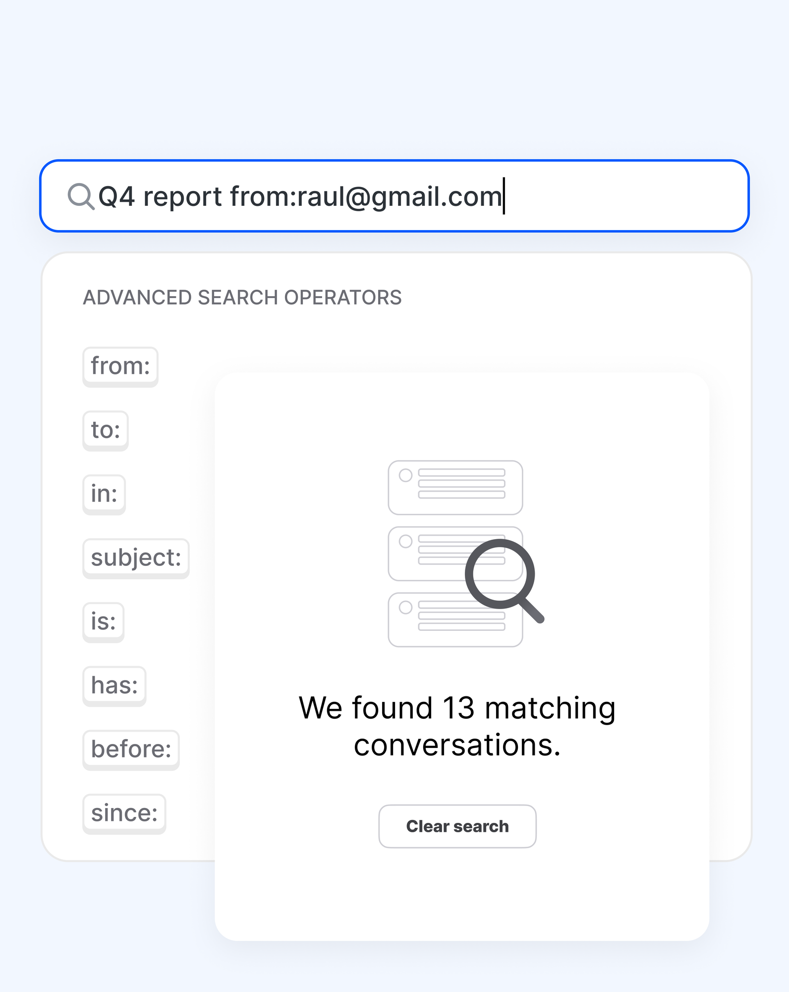 Mailbird Next advanced search with from, to, subject, and date operators