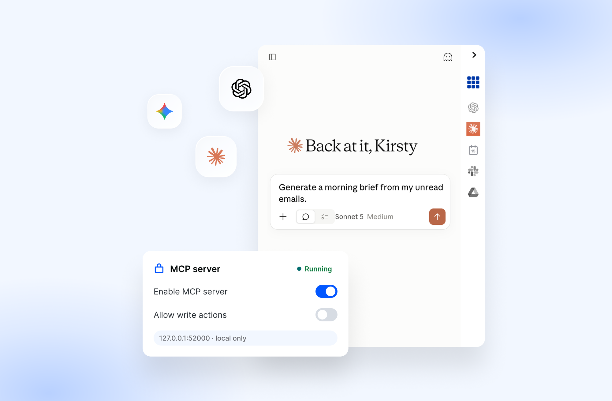 Connecting an AI app to Mailbird Next through the local MCP server, with write actions switched off