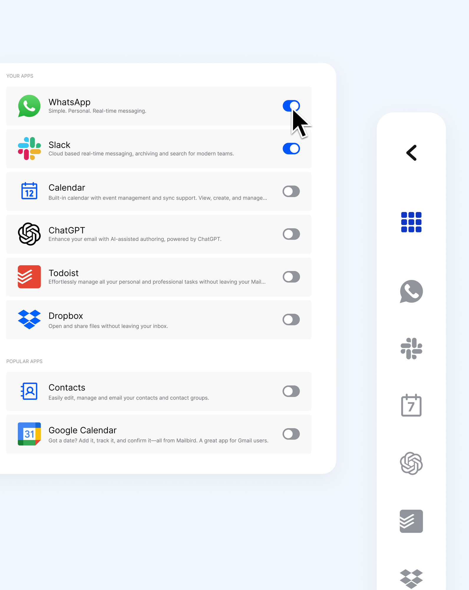 Turning on WhatsApp, Slack, calendar, and other app integrations in the Mailbird Next side panel