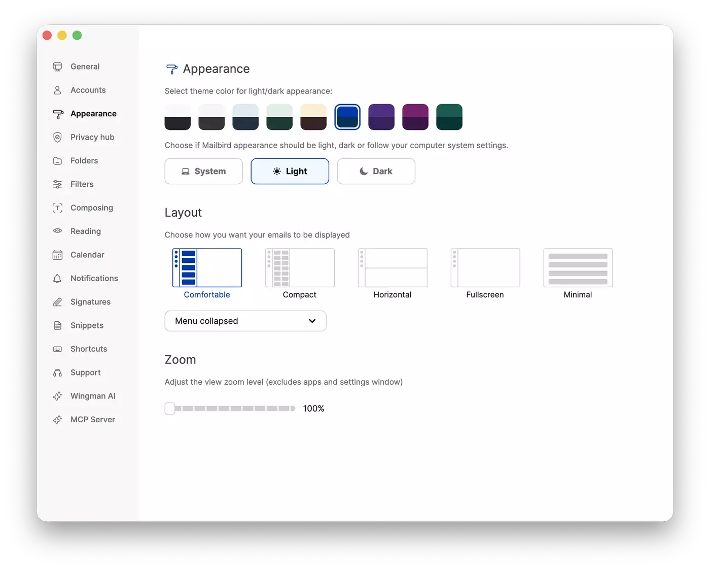 Mailbird Next Appearance settings showing color themes, light and dark mode, the five layouts, and the zoom slider