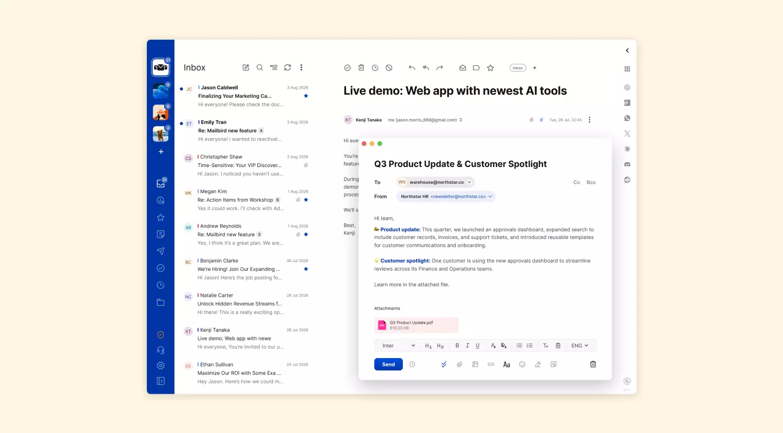 Mailbird email client interface showing unified inbox with multiple email accounts