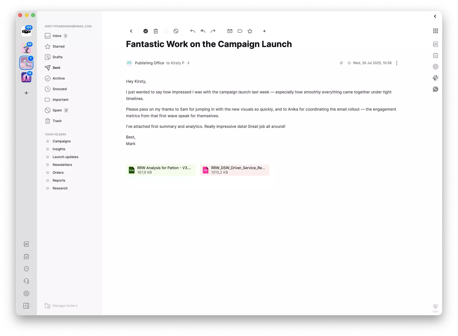An email open in the Mailbird Next Fullscreen layout, with the message taking up most of the window