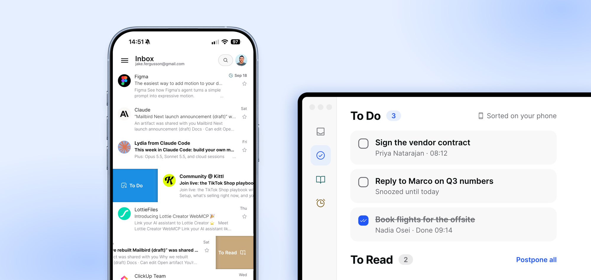 Sorting email into To Do and To Read on the Mailbird mobile app, waiting in the same lists on desktop