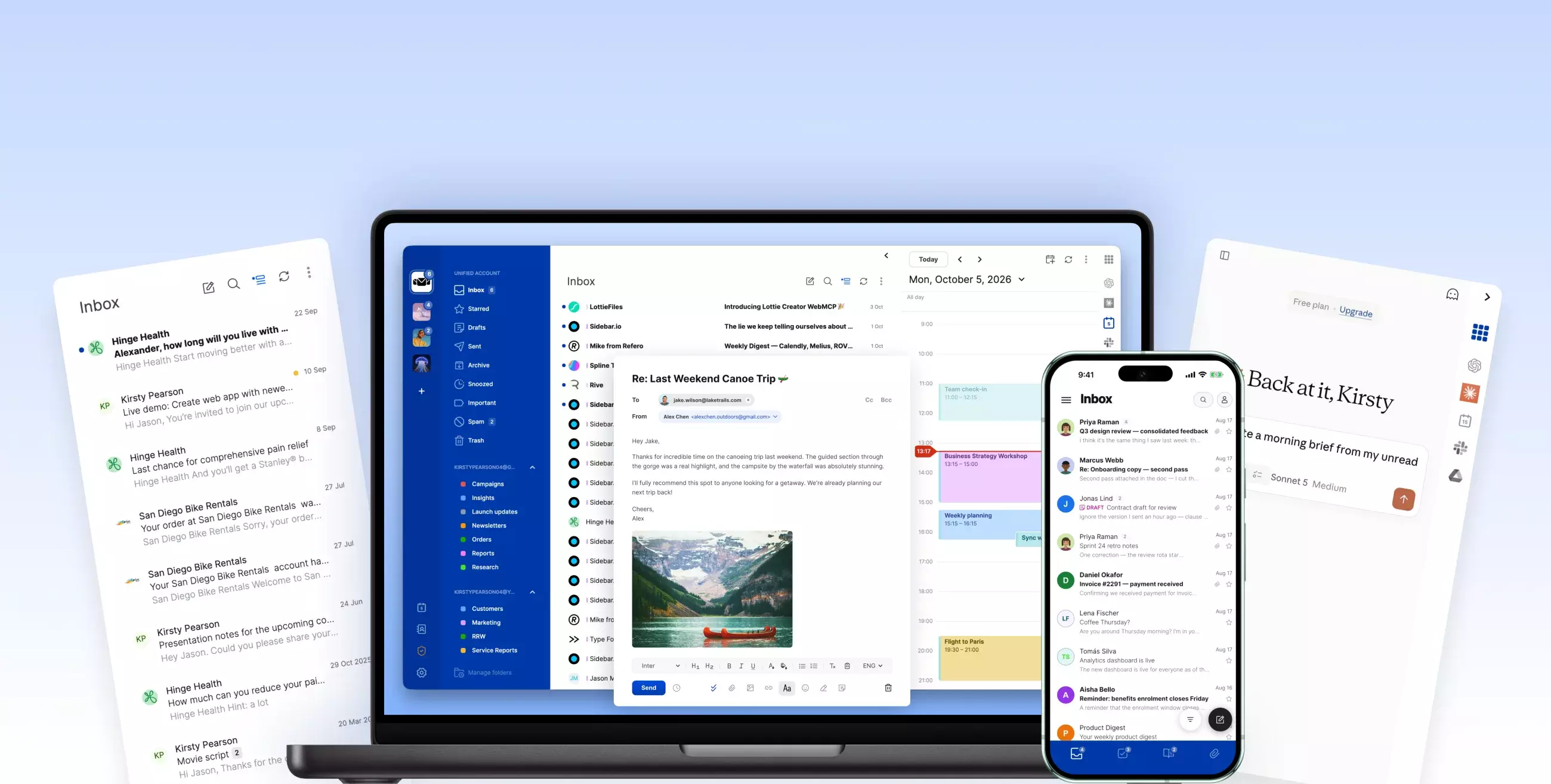 Mailbird Next on a MacBook, with the unified inbox, calendar, and mobile app