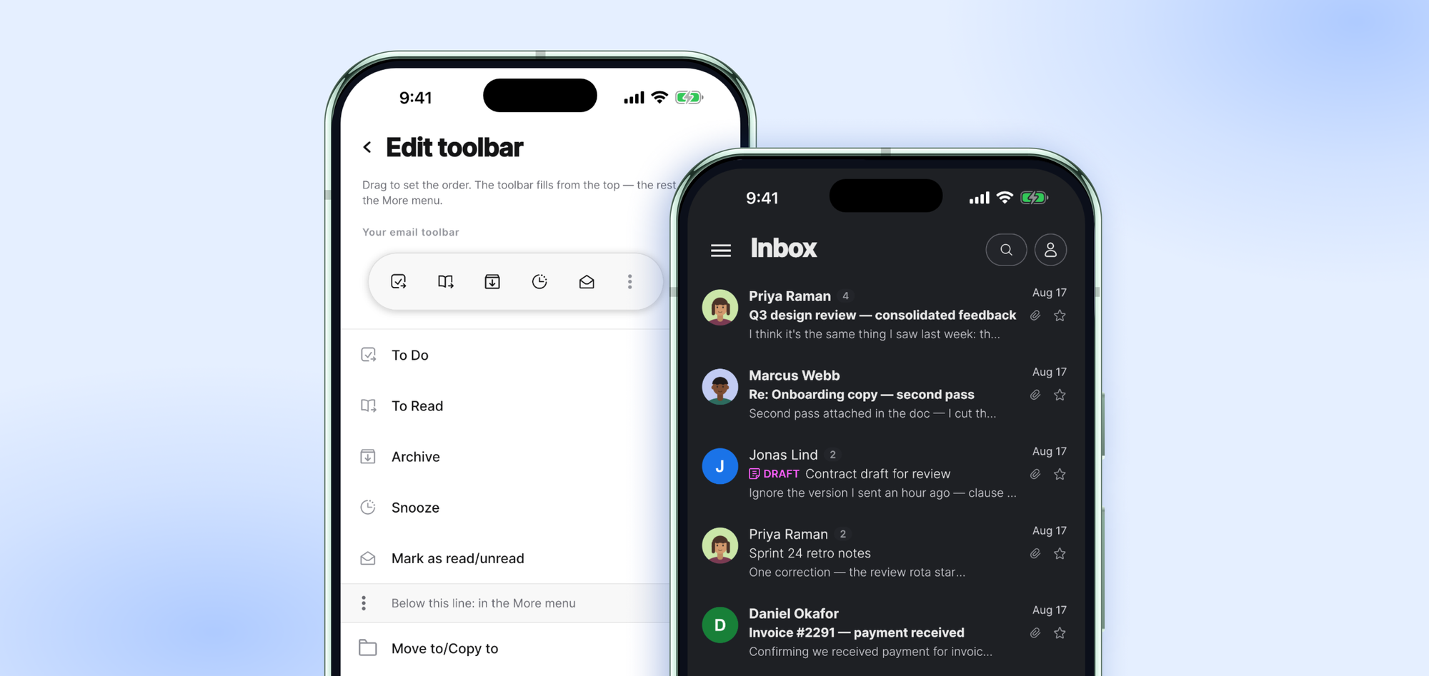 The Mailbird mobile app inbox and toolbar settings