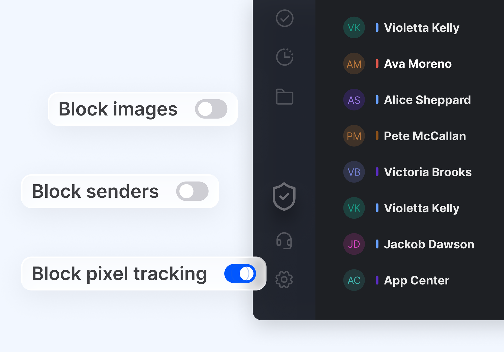 Mailbird Next Privacy Hub with toggles to block images, senders, and pixel tracking