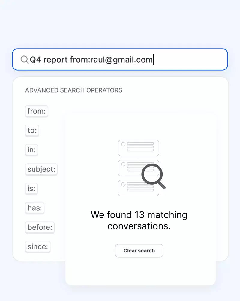 Mailbird Next advanced search with from:, to:, in:, subject:, is:, has:, before:, and since: operators