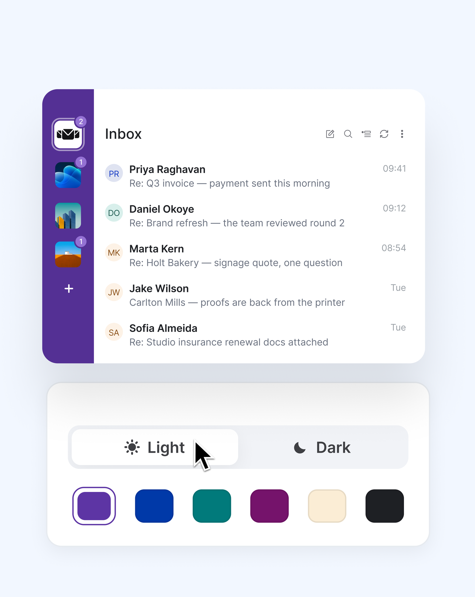 Mailbird Next light and dark mode with color themes