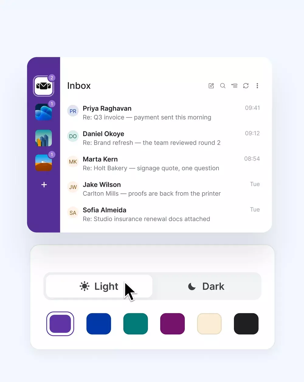 Mailbird Next with a purple theme, account avatars in the sidebar, and the light and dark mode switch