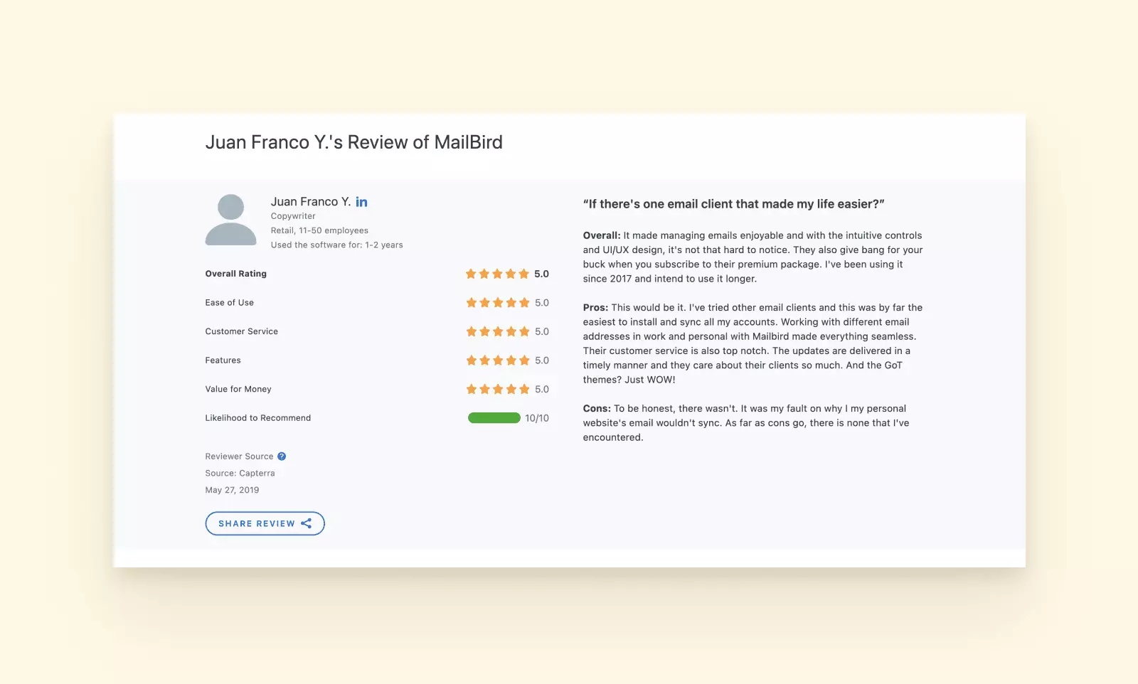 Capterra user reviews Mailbird's pros and cons