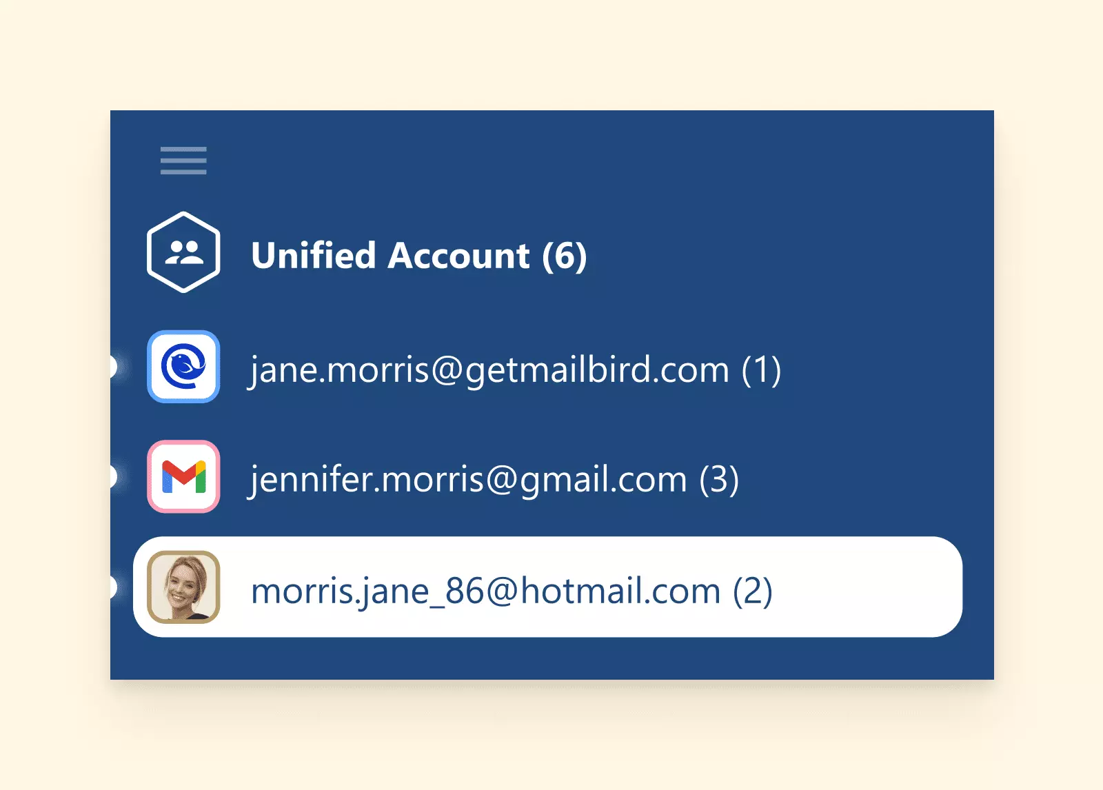 Unified accounts in the Mailbird email client