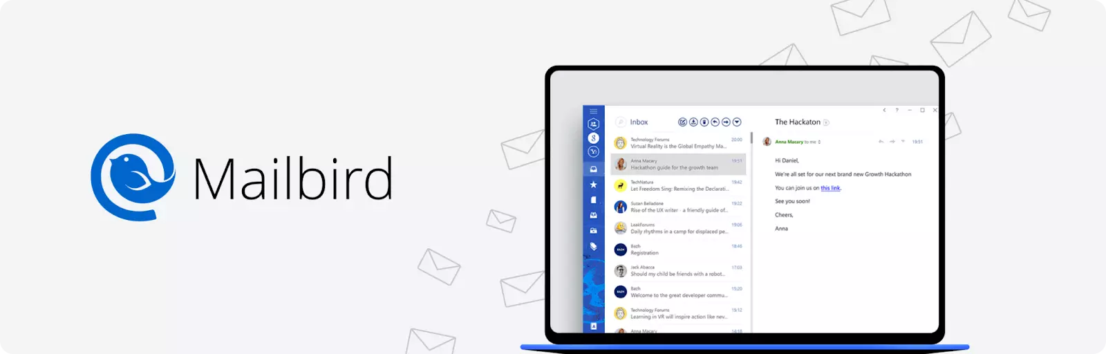 Interface du client de messagerie Mailbird montrant la boîte de réception unifiée et les intégrations d'applications