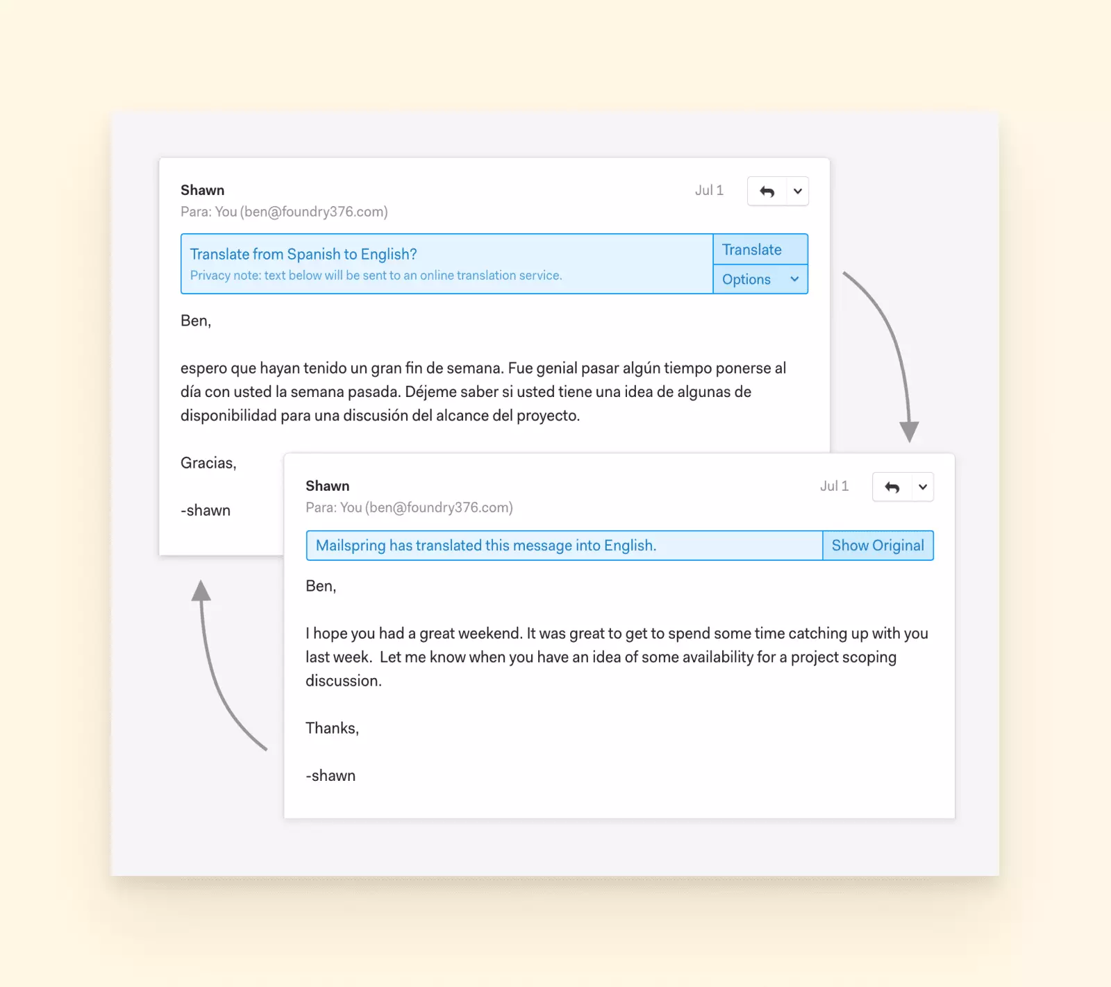 Email translation feature in Mailspring