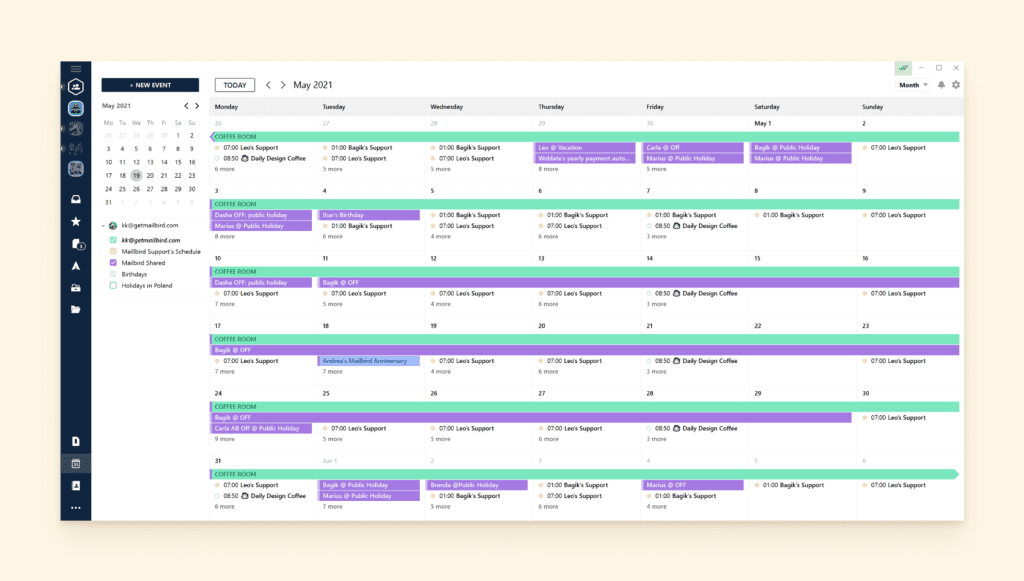 Integración nativa del calendario de Mailbird para gestionar múltiples cuentas de correo electrónico y programación
