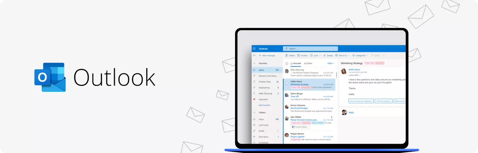 Interface Microsoft Outlook montrant la boîte de réception unifiée et l'intégration calendrier