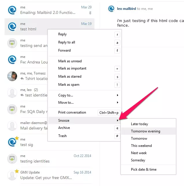Snooze Libero emails in Mailbird