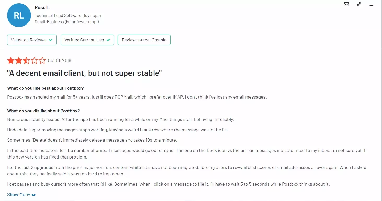 Reseña de rendimiento de Postbox
