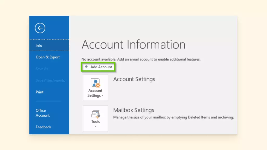 Where to add an account in Outlook