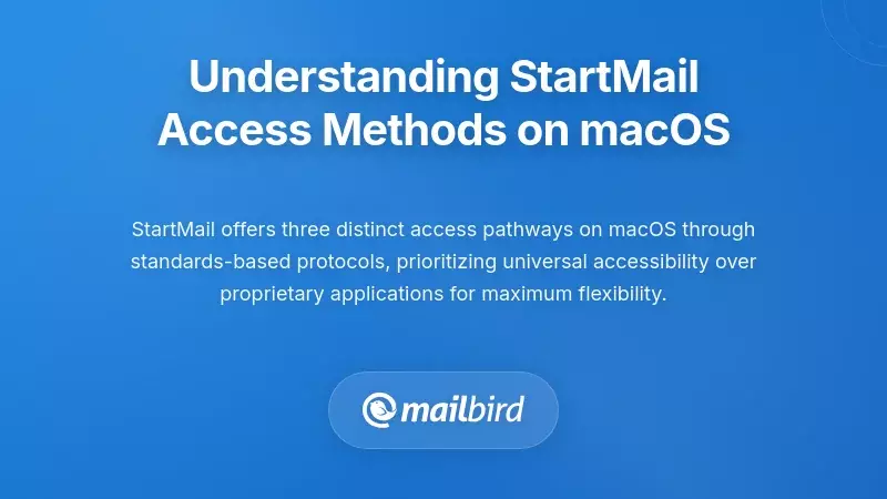 StartMail email access methods on macOS showing webmail and IMAP configuration options