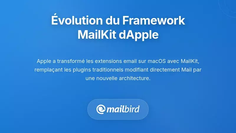 Diagramme d'architecture du framework Apple MailKit montrant l'&eacute;volution des extensions email sur macOS