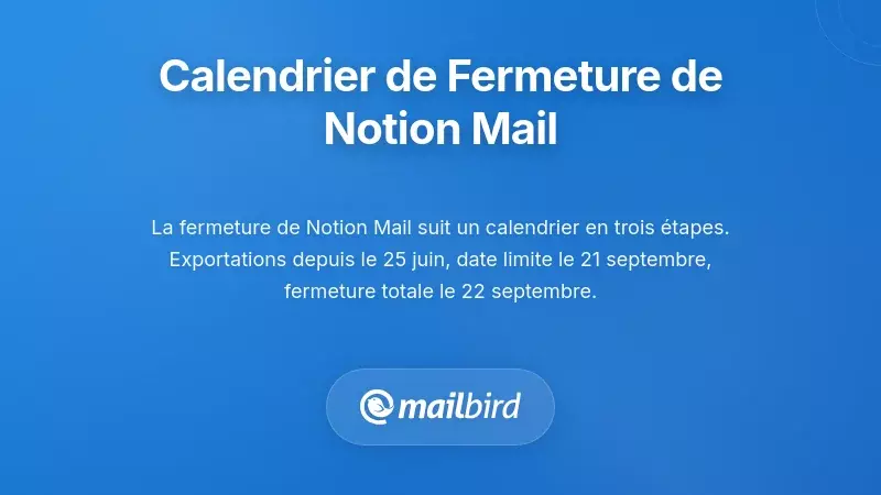 Calendrier de fermeture de Notion Mail montrant un processus de fermeture en trois étapes jusqu'en septembre 2026
