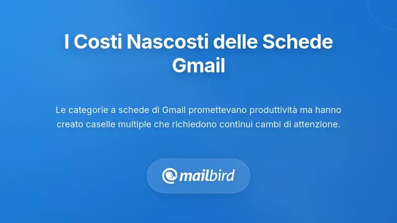 Interfaccia della posta in arrivo a schede di Gmail che mostra le categorie Primaria, Social, Promozioni, Aggiornamenti e Forum