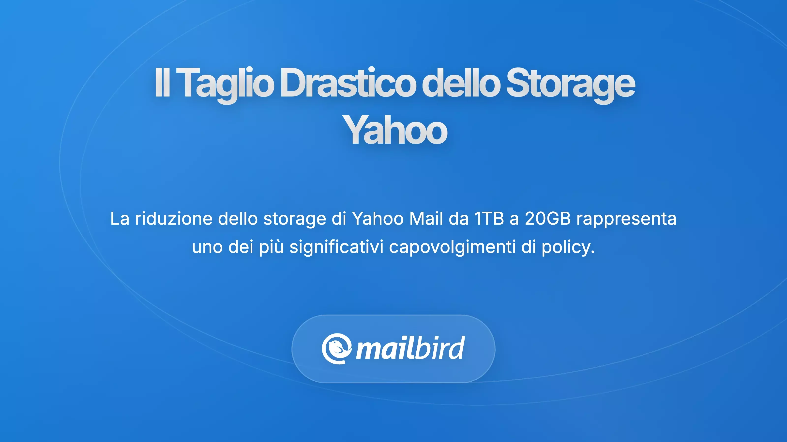 Riduzione dello spazio di archiviazione di Yahoo Mail da 1TB a 20GB illustrata con icone di avviso e metriche di archiviazione delle email