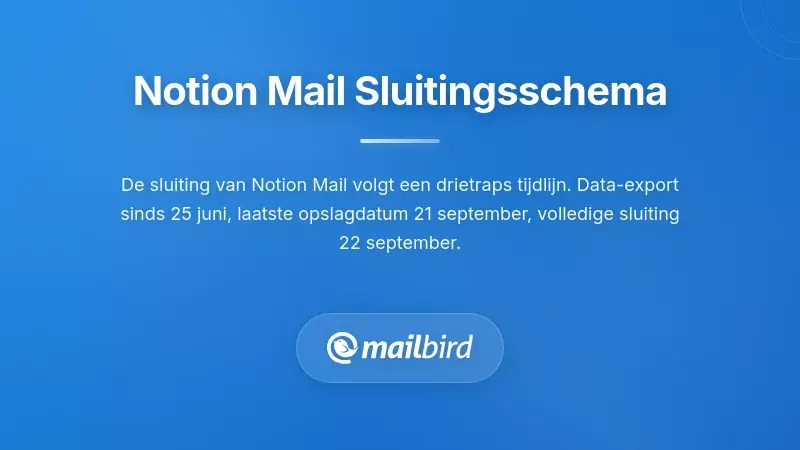 Tijdlijn van de sluiting van Notion Mail die een drie-stappen sluitingsproces toont tot september 2026