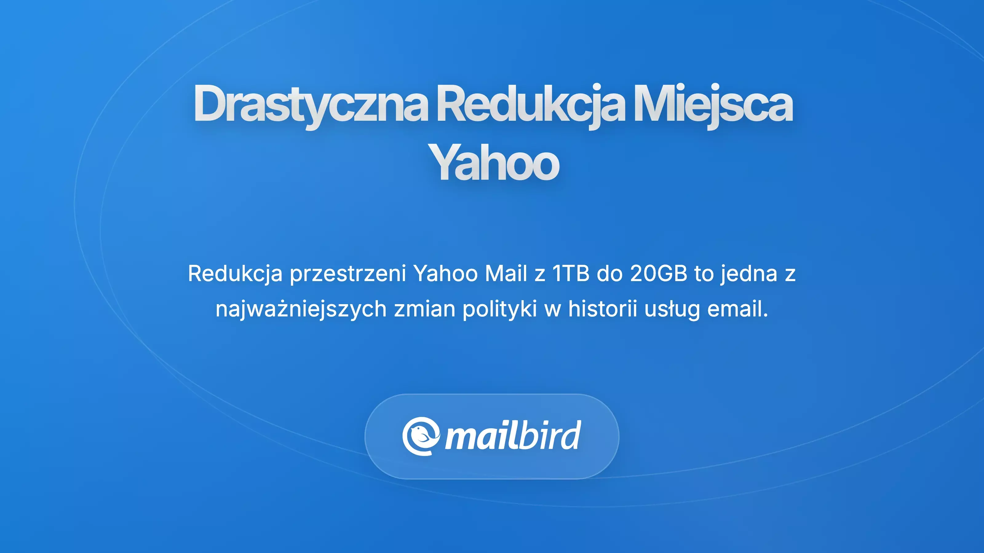 Redukcja przestrzeni w Yahoo Mail z 1 TB do 20 GB zilustrowana ikonami ostrzegawczymi i metrykami przechowywania e-maili