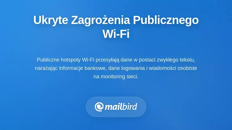 Osoba korzystająca z laptopa w publicznej sieci Wi-Fi z ikonami ostrzegawczymi dotyczącymi bezpieczeństwa, pokazującymi ryzyko przechwycenia e-maili