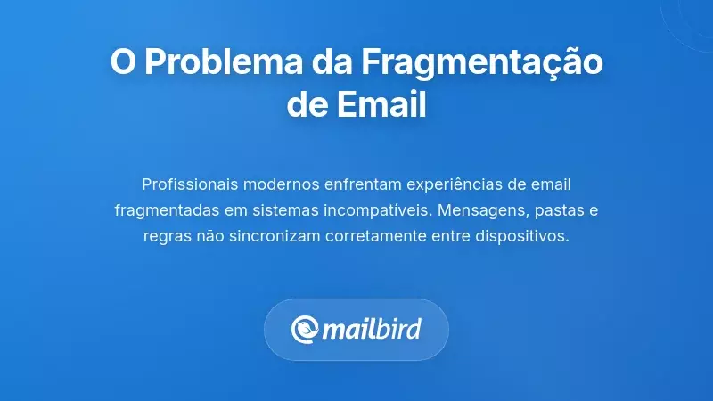 Profissional gerenciando contas de email fragmentadas em v&aacute;rios dispositivos e plataformas