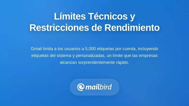 Panel de límites de etiquetas de Gmail que muestra restricciones técnicas para equipos en crecimiento