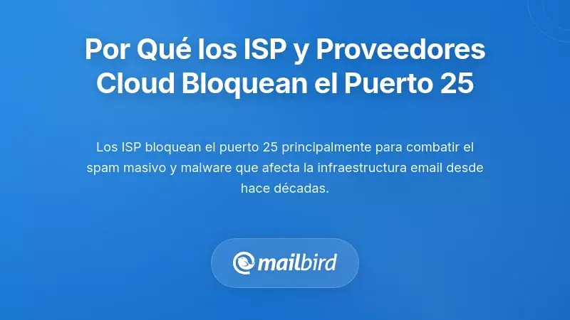 Diagrama que muestra por qué los ISP bloquean el puerto 25 para prevenir el spam y asegurar las redes de correo
