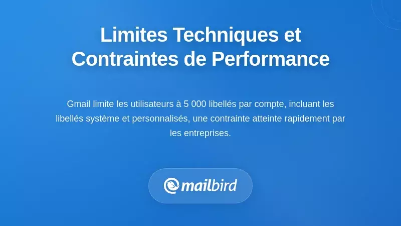 Tableau de bord des limites des &eacute;tiquettes Gmail montrant les contraintes techniques pour les &eacute;quipes en croissance