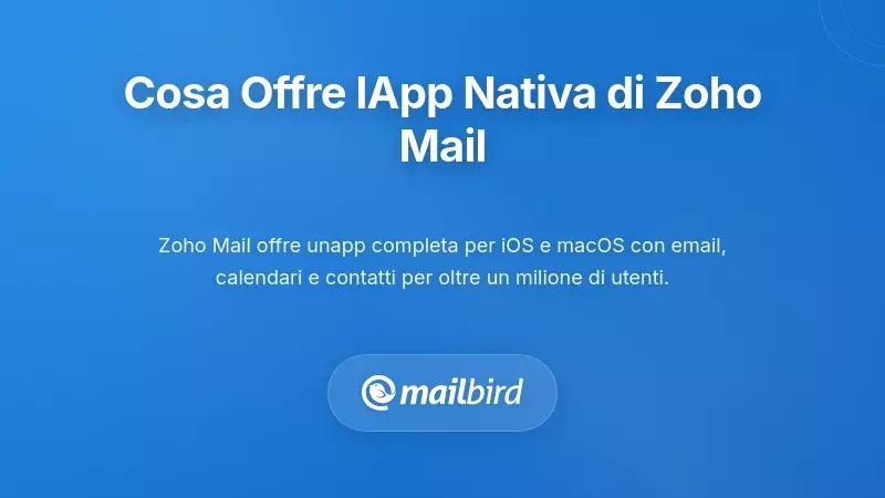 Interfaccia dell'app nativa di Zoho Mail su macOS che mostra funzionalit&agrave; di email, calendario e contatti